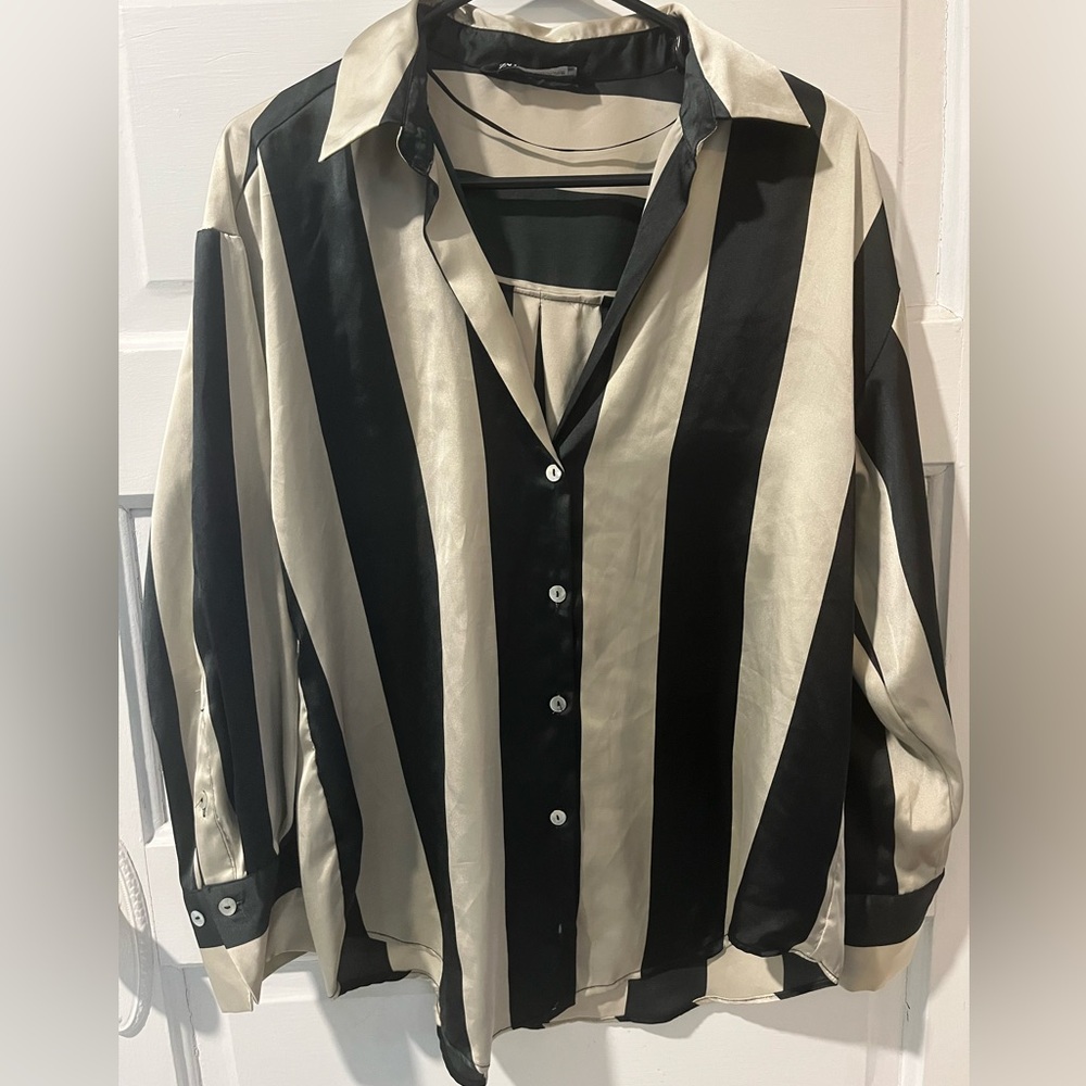 Zara Black and Cream Striped Blouse